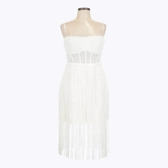 BCBGMaxAzria White Fringe Corset Midi Sheath Dress 14 Off-White Cocktail NWT - Picture 2 of 12